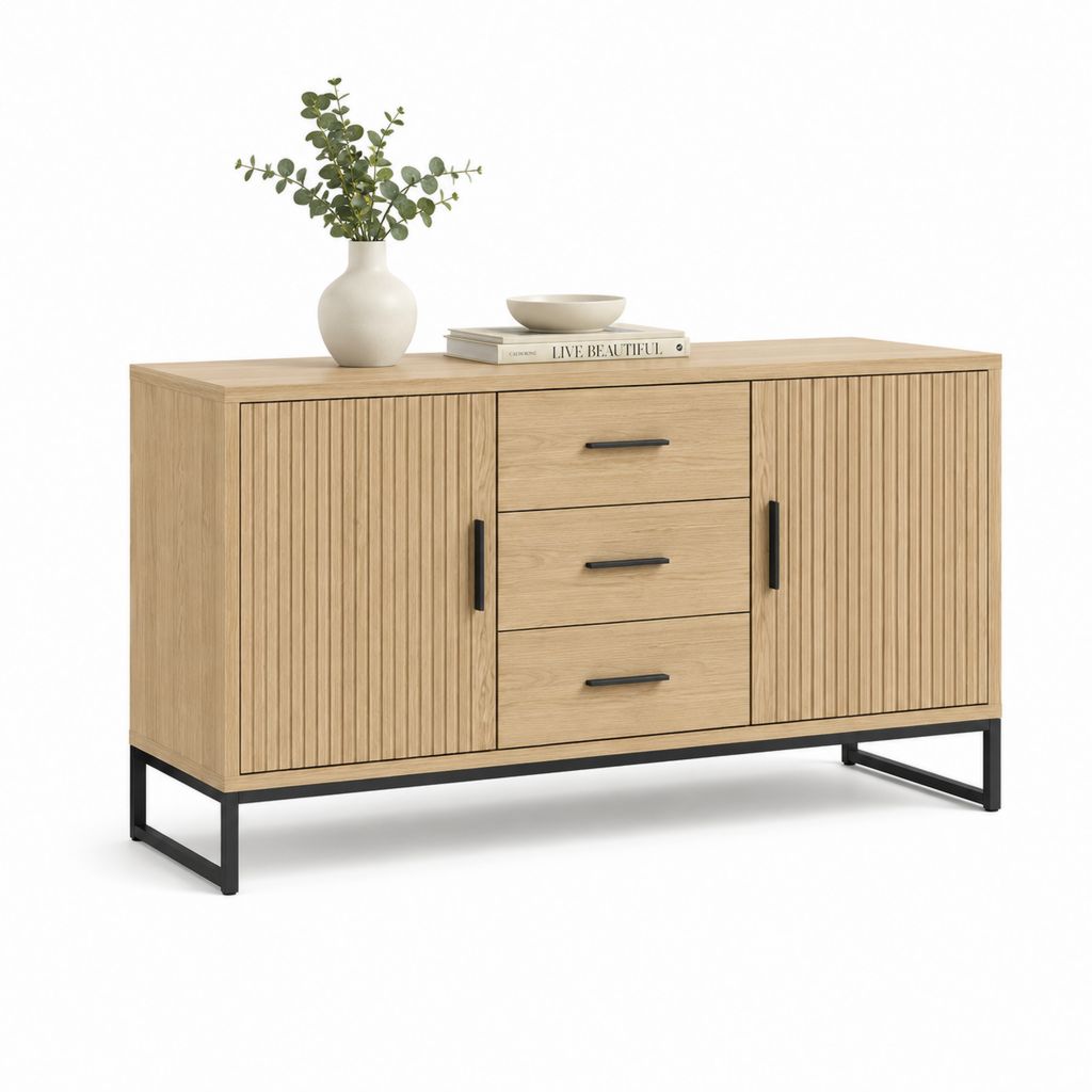 Sideboard mit 2 Türen und 3 Schubladen Eiche natur Spanplatte Stahl 160 x 40 x 85 cm