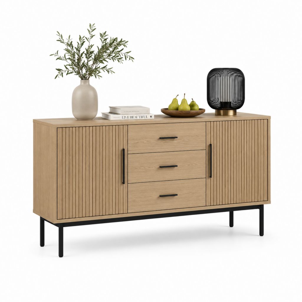 Sideboard mit 2 Türen und 3 Schubladen Eichenoptik MDF Stahl rechteckig 160 x 40 x 85 cm