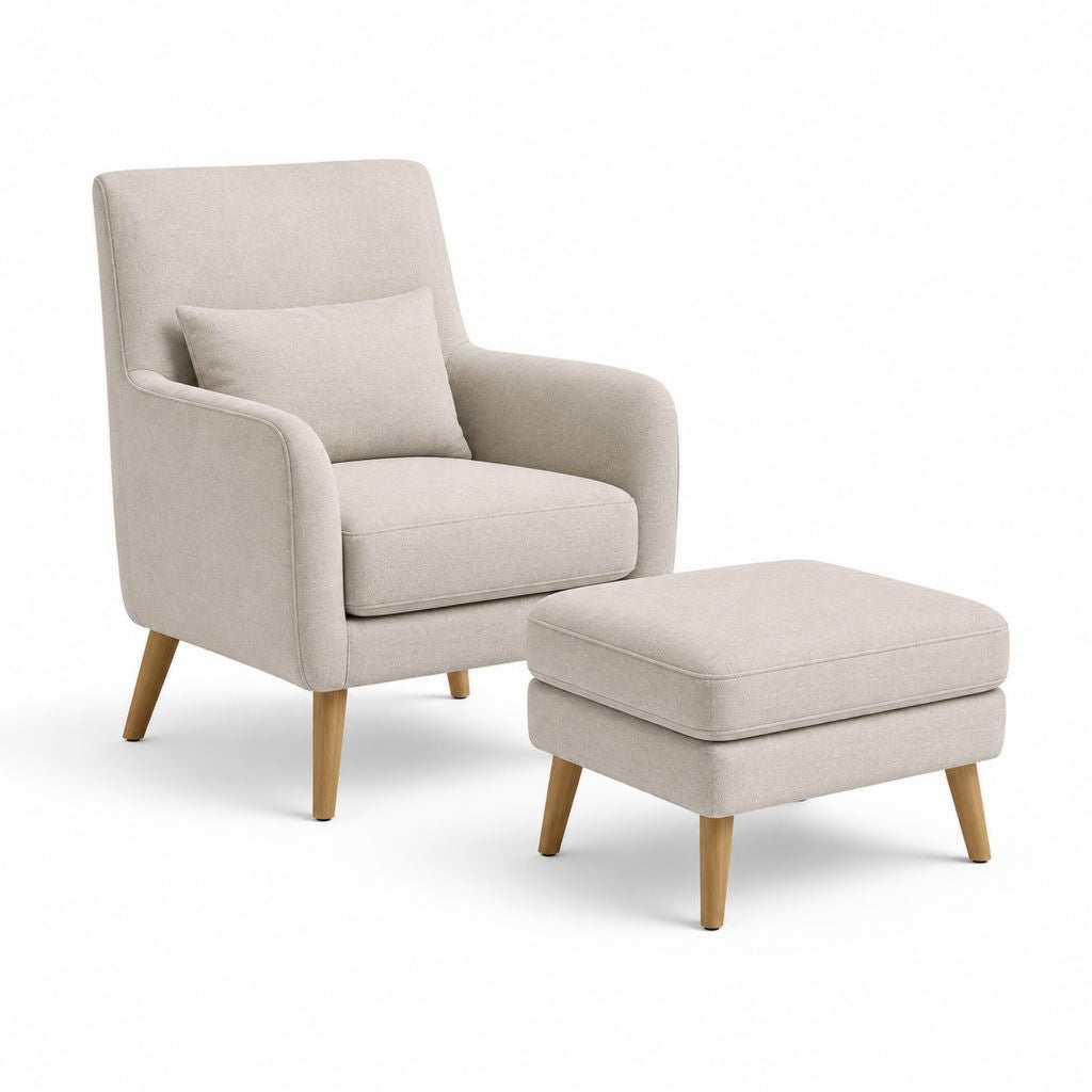 Sessel Set mit Fußhocker Beige Polyester Massivholz 76 x 84 x 98 cm