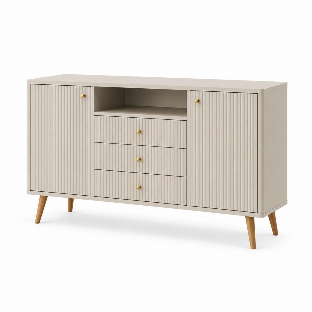 Sideboard Cremeweiß MDF mit Lamellentüren und 3 Schubladen 160 x 40 x 85 cm