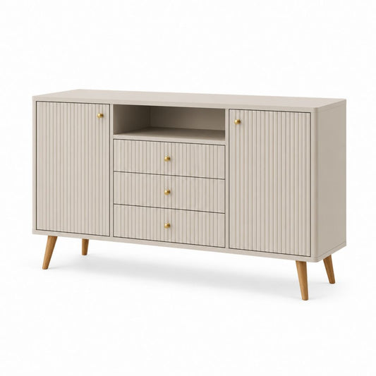 Sideboard Cremeweiß MDF mit Lamellentüren und 3 Schubladen 160 x 40 x 85 cm