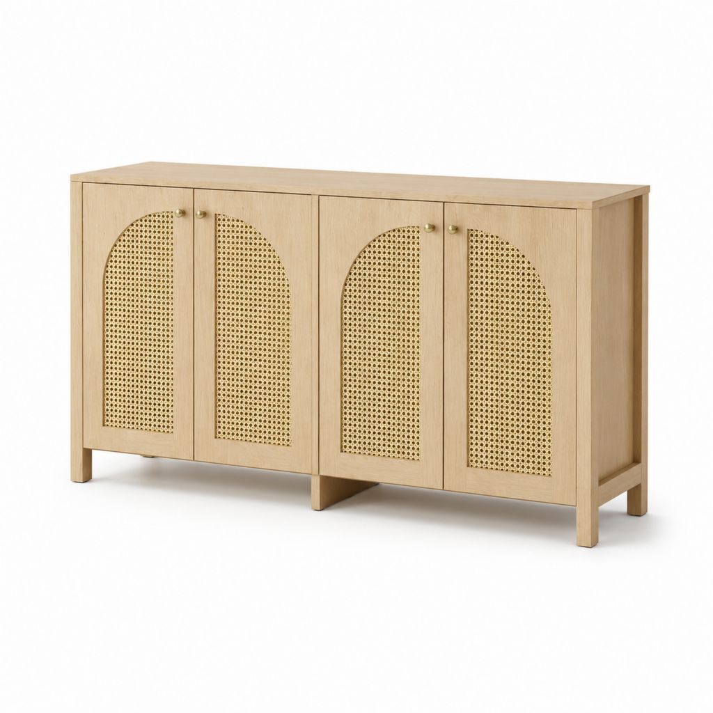 Sideboard mit 4 Türen Natur Eichenfurnier Rattan rechteckig 160 x 40 x 80 cm