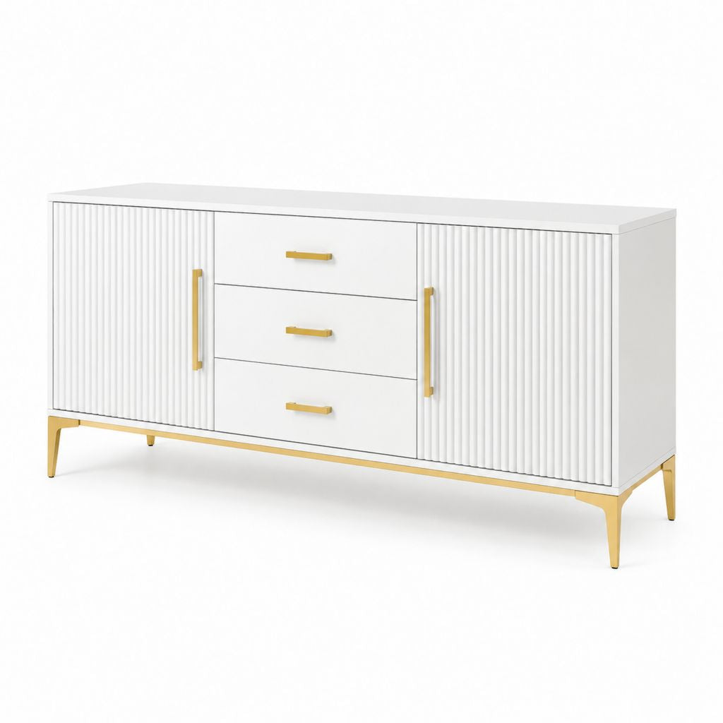 Sideboard Weiß MDF rechteckig mit 2 Türen 3 Schubladen und goldfarbenem Stahlgestell 160 x 40 x 80 cm