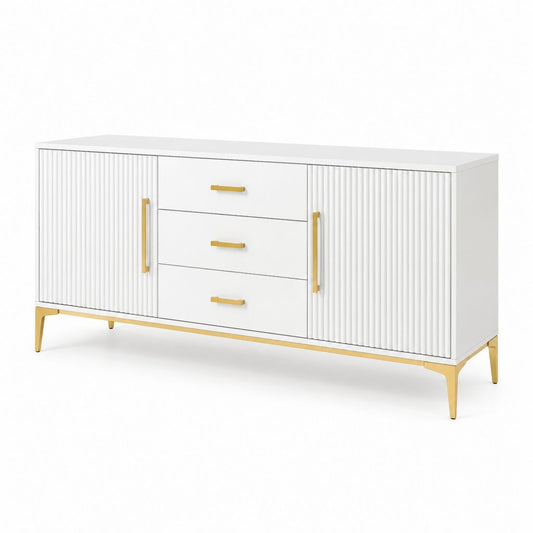 Sideboard Weiß MDF rechteckig mit 2 Türen 3 Schubladen und goldfarbenem Stahlgestell 160 x 40 x 80 cm
