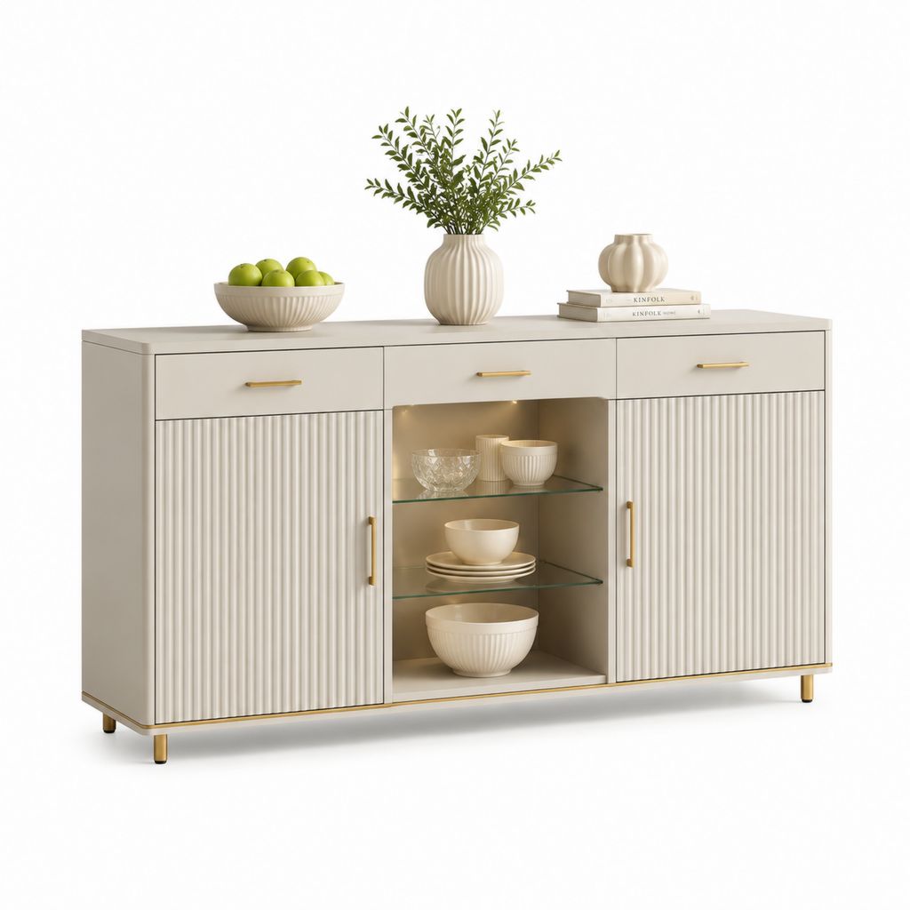 Sideboard Cremeweiß mit 3 Schubladen 2 Türen LED-Beleuchtung MDF Rechteckig 160 x 40 x 90 cm