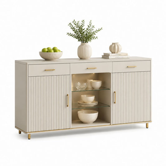 Sideboard Cremeweiß mit 3 Schubladen 2 Türen LED-Beleuchtung MDF Rechteckig 160 x 40 x 90 cm
