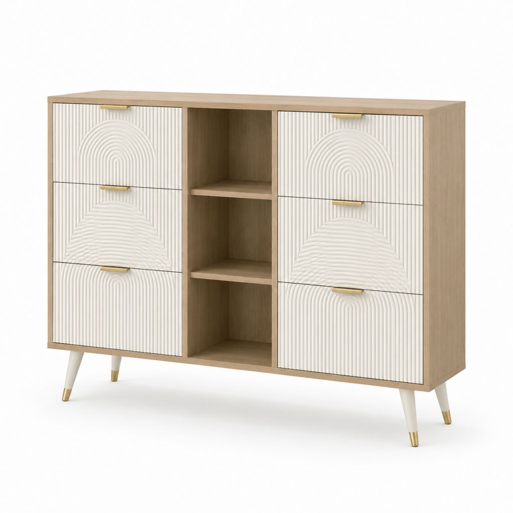 Sideboard mit 6 Schubladen und 3 offenen Fächern in Weiß und Eiche-Optik aus Spanplatte und MDF 120 x 40 x 100 cm