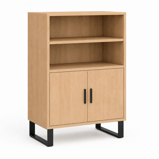 Highboard Eichenholzdekor aus Spanplatte mit 2 Türen und 2 offenen Fächern 80 x 40 x 120 cm