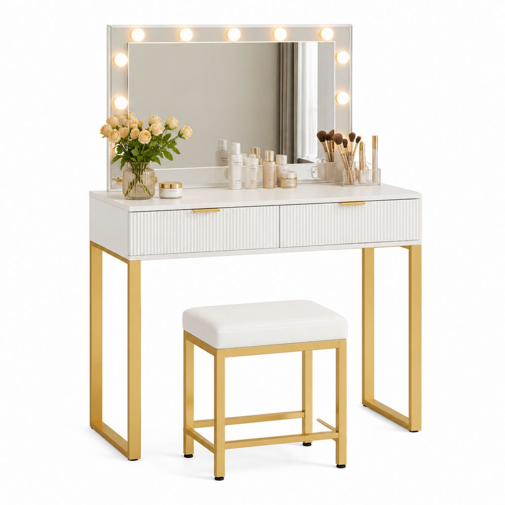 Schminktisch Set Weiß Gold aus MDF Stahl mit LED Spiegel und Hocker 80 x 40 x 140 cm