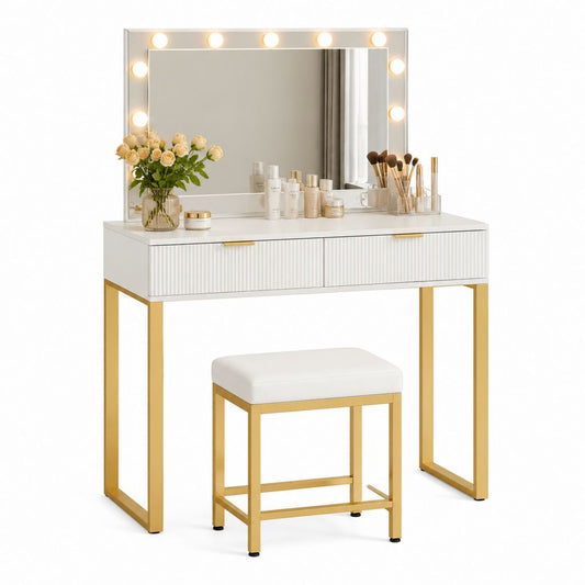Schminktisch Set Weiß Gold aus MDF Stahl mit LED Spiegel und Hocker 80 x 40 x 140 cm