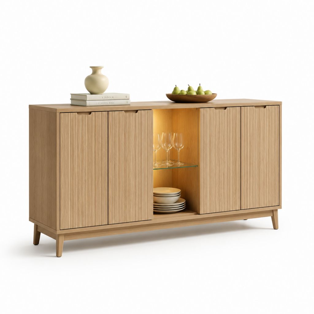 Sideboard Eichenfurnier hell rechteckig mit 4 Türen und offenem Fach 160 x 40 x 85 cm