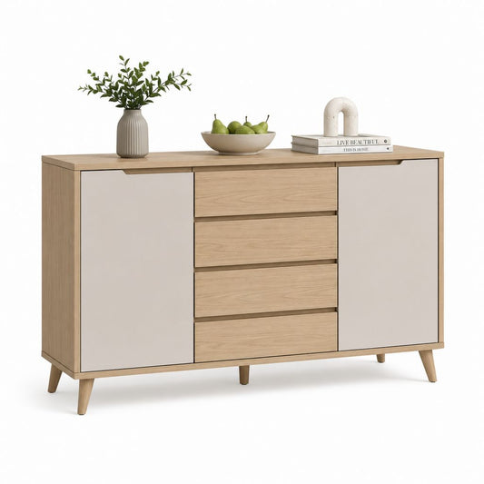 Sideboard Eiche hell Weiß aus Spanplatte und MDF rechteckig 160 x 40 x 90 cm mit 4 Schubladen und 2 Türen