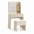 Schminktisch Set Cremeweiß aus MDF mit LED-Spiegel Ablagen Schubladen und Hocker 80 x 40 x 140 cm
