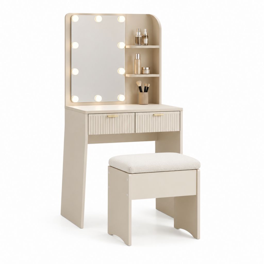 Schminktisch Set Cremeweiß aus MDF mit LED-Spiegel Ablagen Schubladen und Hocker 80 x 40 x 140 cm