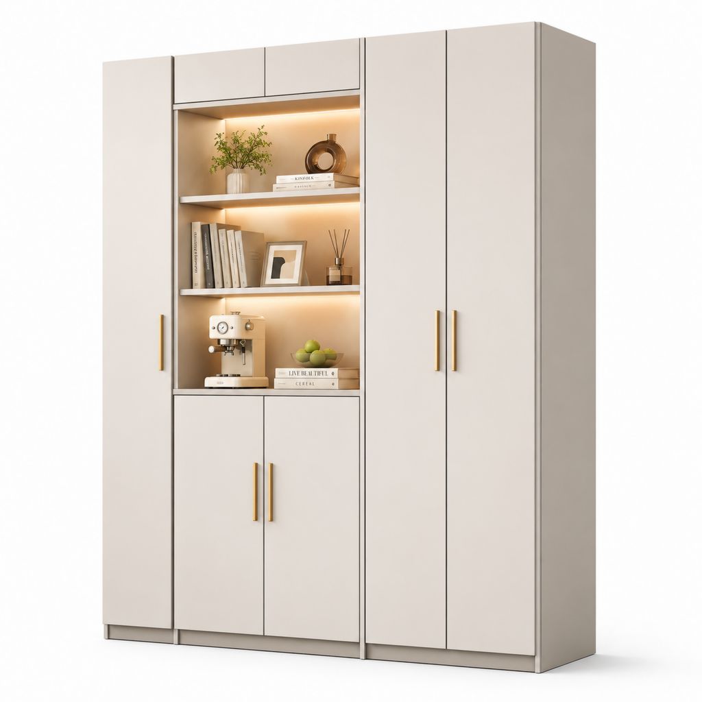 Highboard mit 7 Türen und LED-Beleuchtung cremeweiß aus Spanplatte 160 x 200 x 40 cm