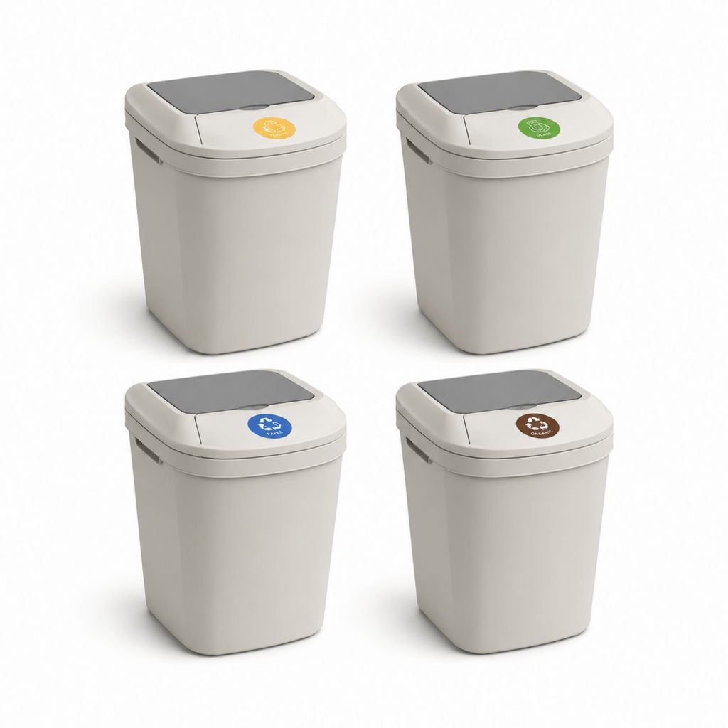 Mülltrennsystem 4er Set Beige PP-Kunststoff rechteckig mit Klappdeckeln 32 x 24 x 42 cm
